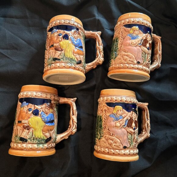 Vintage Set of Four Ceramic Porcelain German Beer Steins w/ Reliefs - Picture 4 of 12